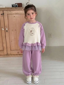 Dazy Kids Young Girls' Bow Decor Cute Colorblock Long Sleeve Sweatshirt Top + Cuffed Long Pants Autumn/Winter Sweatshirt Set - Purple - View 4
