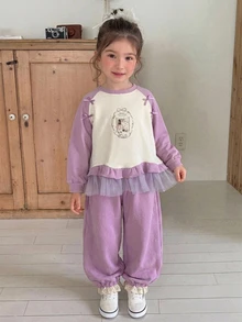 Dazy Kids Young Girls' Bow Decor Cute Colorblock Long Sleeve Sweatshirt Top + Cuffed Long Pants Autumn/Winter Sweatshirt Set - Purple - View 3