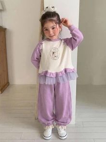 Dazy Kids Young Girls' Bow Decor Cute Colorblock Long Sleeve Sweatshirt Top + Cuffed Long Pants Autumn/Winter Sweatshirt Set - Purple - View 2