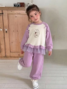 Dazy Kids Young Girls' Bow Decor Cute Colorblock Long Sleeve Sweatshirt Top + Cuffed Long Pants Autumn/Winter Sweatshirt Set - Purple - View 1