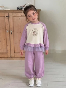 Dazy Kids Young Girls' Bow Decor Cute Colorblock Long Sleeve Sweatshirt Top + Cuffed Long Pants Autumn/Winter Sweatshirt Set - Purple - View 6