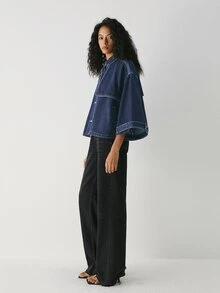 ATUI Studio Women's Single-Breasted Pocket Loose Casual 3/4 Sleeve Denim Jacket - Dark Wash - View 3