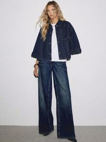 ATUI Studio Women's Single-Breasted Pocket Loose Casual 3/4 Sleeve Denim Jacket - Dark Wash - View 2