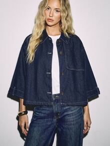 ATUI Studio Women's Single-Breasted Pocket Loose Casual 3/4 Sleeve Denim Jacket - Dark Wash - View 1