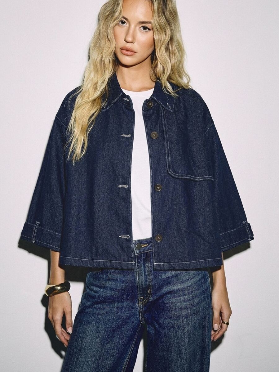 ATUI Studio Women's Single-Breasted Pocket Loose Casual 3/4 Sleeve Denim Jacket - Dark Wash - View 1