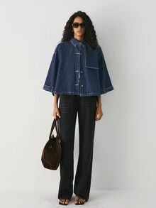 ATUI Studio Women's Single-Breasted Pocket Loose Casual 3/4 Sleeve Denim Jacket - Dark Wash - View 6