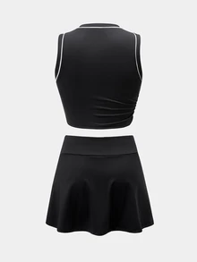 Gameset SHEIN Sport Minimalist Striped Colorblock Round Neck Tank Top And Front Knot Ruched Skort Sports Set - Black - View 6