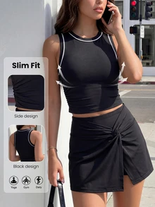 Gameset SHEIN Sport Minimalist Striped Colorblock Round Neck Tank Top And Front Knot Ruched Skort Sports Set - Black - View 3