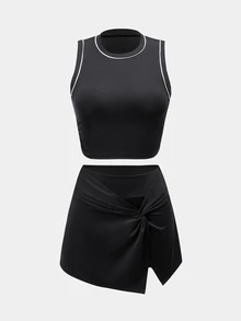 Gameset SHEIN Sport Minimalist Striped Colorblock Round Neck Tank Top And Front Knot Ruched Skort Sports Set - Black - View 5