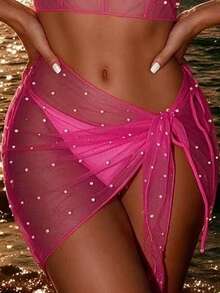 SHEIN Swim 人造珍珠裝飾側打結薄透沙灘纏腰式半身裙不附比基尼 - 玫紅色 - 查看 3