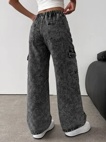 SHEIN 青少年女孩黑色牛仔寬鬆工裝褲 秋冬休閒萬聖節新年校園 Y2K 風格 - 黑色 - 查看 4