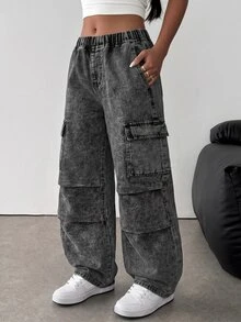 SHEIN 青少年女孩黑色牛仔寬鬆工裝褲 秋冬休閒萬聖節新年校園 Y2K 風格 - 黑色 - 查看 1