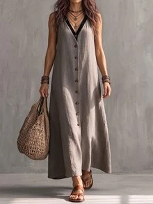 Glimmora Women's Colorblock V-Neck Casual Daily Summer Travel Dress - Bronze - View 2