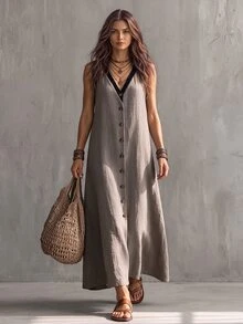 Glimmora Women's Colorblock V-Neck Casual Daily Summer Travel Dress - Bronze - View 1