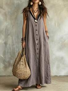 Glimmora Women's Colorblock V-Neck Casual Daily Summer Travel Dress - Bronze - View 4