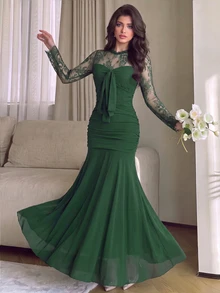 Modelyn 法式設計優雅蕾絲拼接蝴蝶結女款長洋裝，深綠色，適合婚禮晚宴，秋季穿著 - 墨綠色 - 查看 5