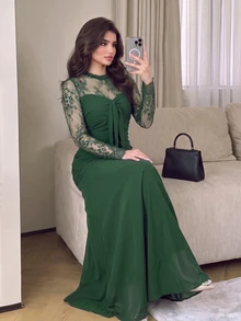 Modelyn 法式設計優雅蕾絲拼接蝴蝶結女款長洋裝，深綠色，適合婚禮晚宴，秋季穿著 - 墨綠色 - 查看 6