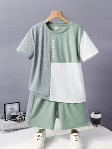 SHEIN 两件套儿童/青少年男童休闲撞色圆领短袖T恤短裤套装，适合通勤、上学、日常休闲、运动、春夏、海滩度假等场合。 - 灰色 - 查看 4