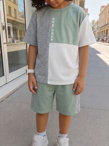 SHEIN 两件套儿童/青少年男童休闲撞色圆领短袖T恤短裤套装，适合通勤、上学、日常休闲、运动、春夏、海滩度假等场合。 - 灰色 - 查看 5