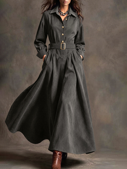 LUMIGAL Charcoal Gray Long Dress, Lapel Single-Breasted Lantern Sleeve Square Buckle Waist Belt A-Line Long Skirt, Elegant, Autumn Teachers' Day Office