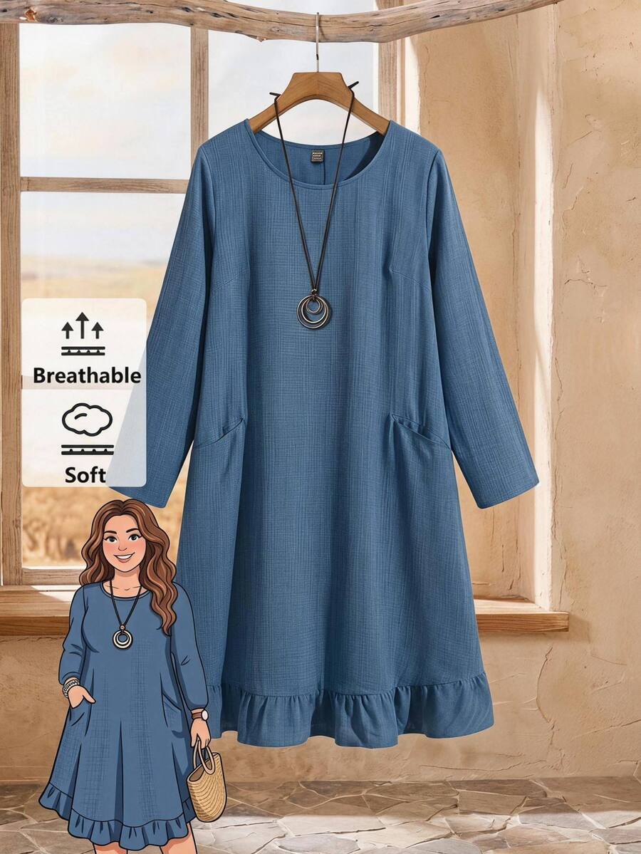 Rusticease Plus Size Women Solid Color Round Neck Casual Soft Form Elegant Normal Daily Autumn Dress Date Night Brunch Formal Office Rodeo Dusty Blue Fall - Navy Blue - View 1
