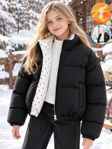 SHEIN Tween Girl Long Sleeve Fleece Winter Reversible Stand Collar Short Padded Coat, Black Polka Dot Solid + Polka Dot Print, Petite Quilted Cute Graphic - Black and White - View 5