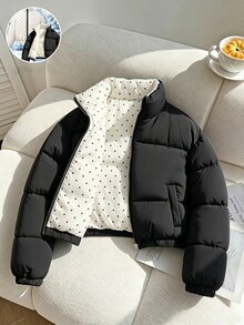 SHEIN Tween Girl Long Sleeve Fleece Winter Reversible Stand Collar Short Padded Coat, Black Polka Dot Solid + Polka Dot Print, Petite Quilted Cute Graphic - Black and White - View 8