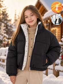 SHEIN Tween Girl Long Sleeve Fleece Winter Reversible Stand Collar Short Padded Coat, Black Polka Dot Solid + Polka Dot Print, Petite Quilted Cute Graphic - Black and White - View 6