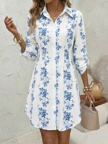 Editum Women's Elegant White And Blue Floral Print Mini Dress,Summer Brunch Collared Button Decor Waist Cinched A-Line Adjustable Sleeve Length Dress - Green - View 3