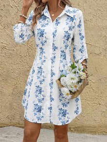 Editum Women's Elegant White And Blue Floral Print Mini Dress,Summer Brunch Collared Button Decor Waist Cinched A-Line Adjustable Sleeve Length Dress - Green - View 5