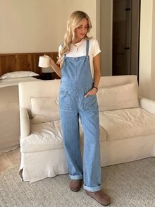 SHEIN Maternity Pocket Casual Versatile Daily Outing Denim Overalls Long Pants - Light Wash - View 5