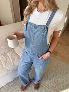 SHEIN Maternity Pocket Casual Versatile Daily Outing Denim Overalls Long Pants - Light Wash - View 3