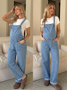 SHEIN Maternity Pocket Casual Versatile Daily Outing Denim Overalls Long Pants - Light Wash - View 1