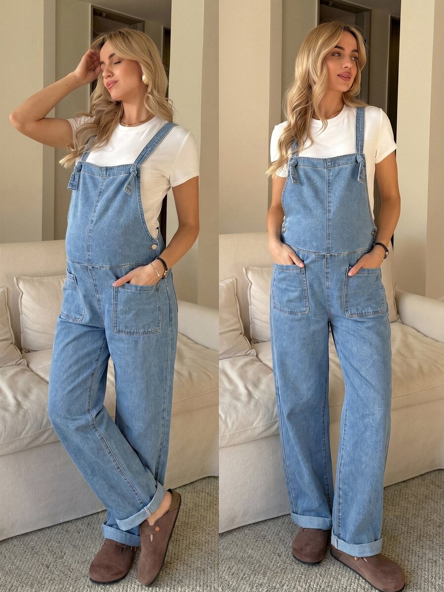 SHEIN Maternity Pocket Casual Versatile Daily Outing Denim Overalls Long Pants - Light Wash - View 1
