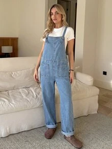 SHEIN Maternity Pocket Casual Versatile Daily Outing Denim Overalls Long Pants - Light Wash - View 8