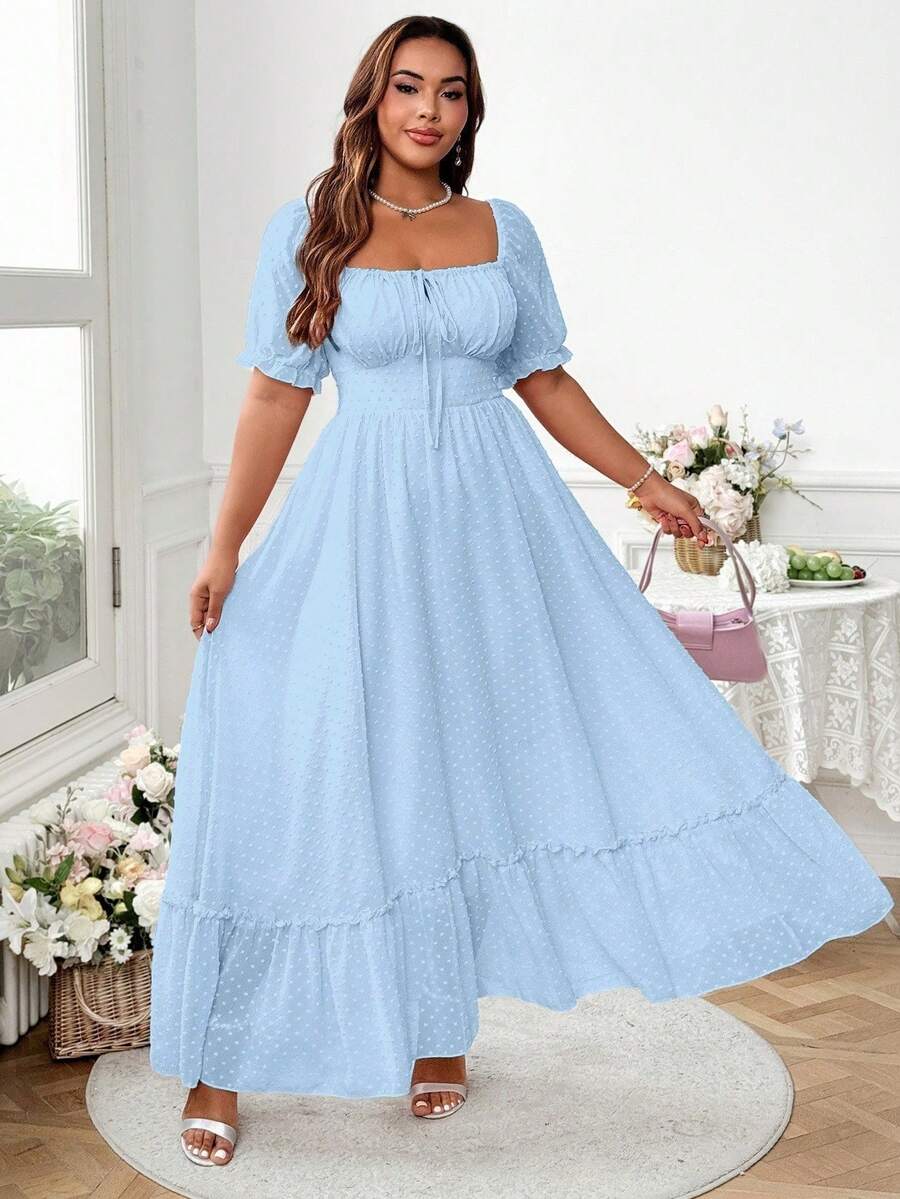 Vionelle Plus Size Light Blue Polka Dot Square Neck Bowknot Ruffle Hem Long Dress Summer Boho Elegant Tea Party Vacation Dates Sweet Graduation Back - Blue - View 1