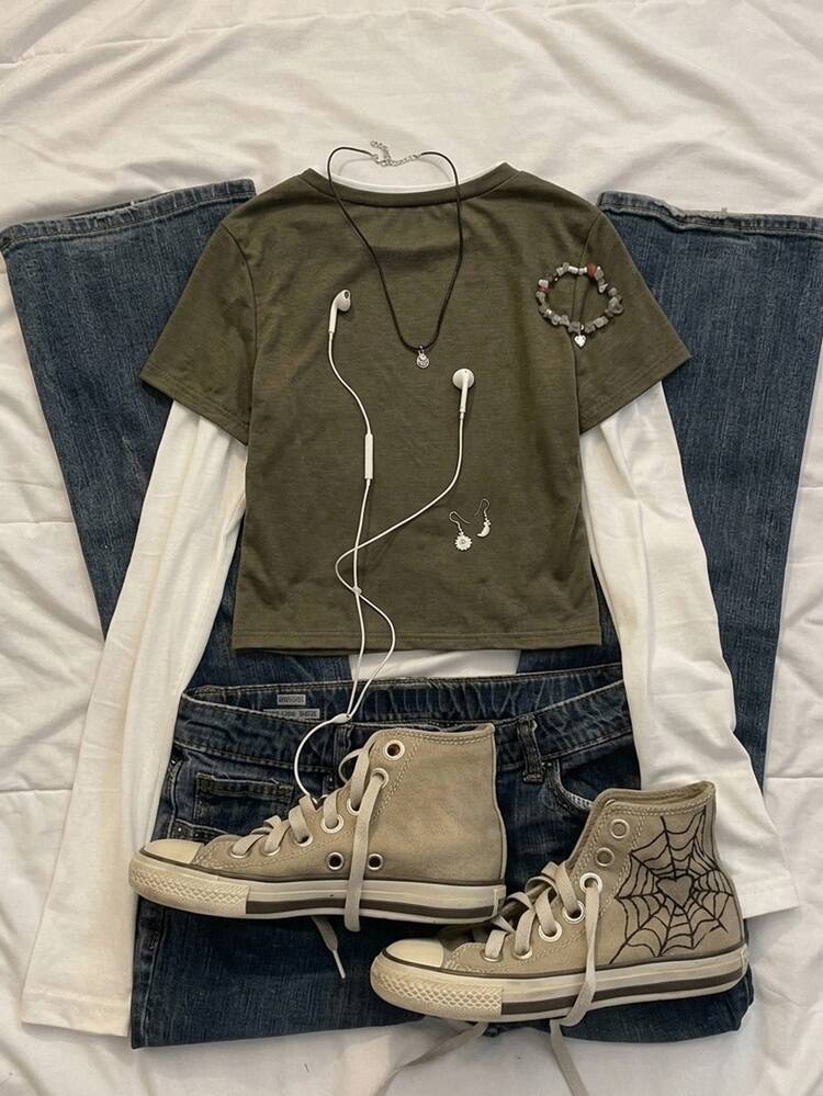Attitoon Women's Contrast Color 2 In 1 Long Sleeve Casual Minimalist Design T-Shirt - Army Green - View 2