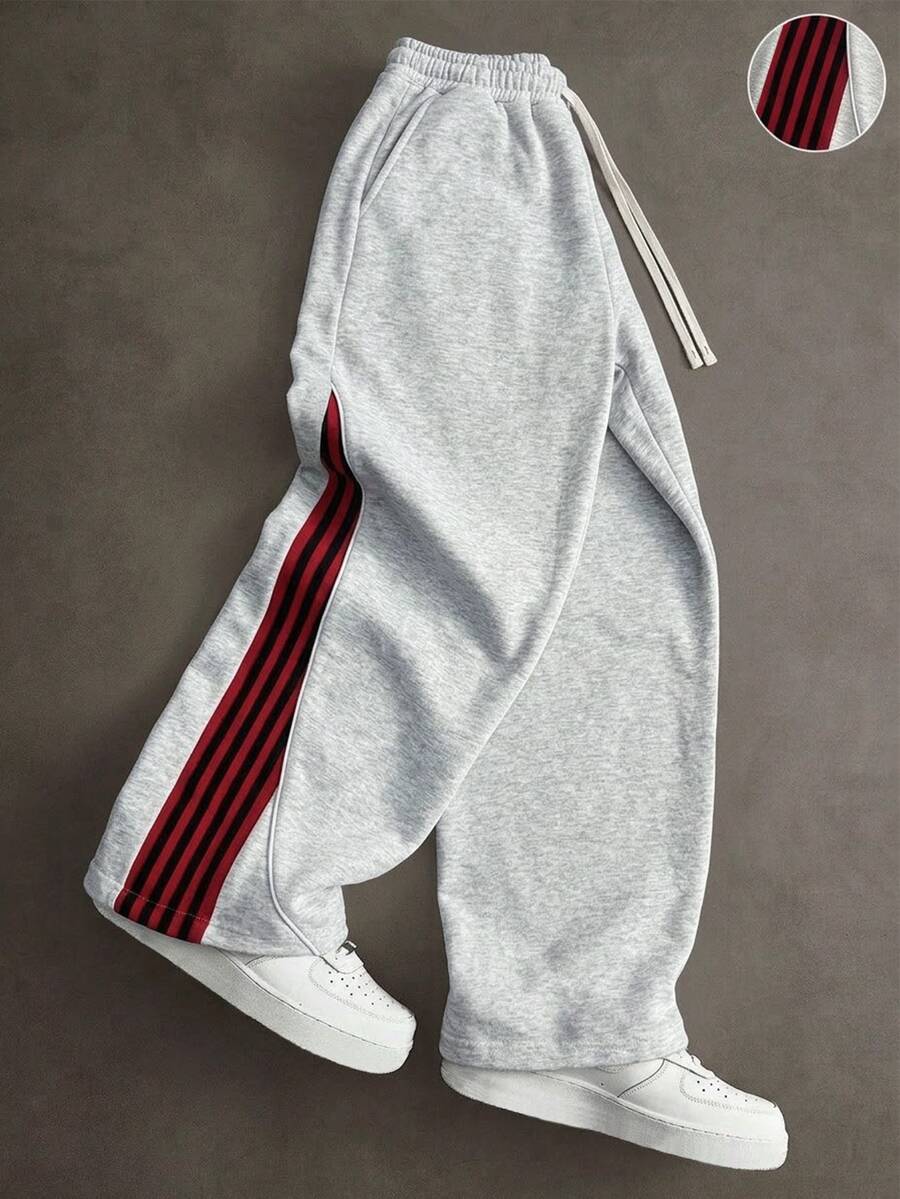 PAVTROS Men's Young Street Style, INS Multi-Functional Item: Webbing Patchwork Contrast Color Straight Leg Loose Fit Sweatpants - White - View 1