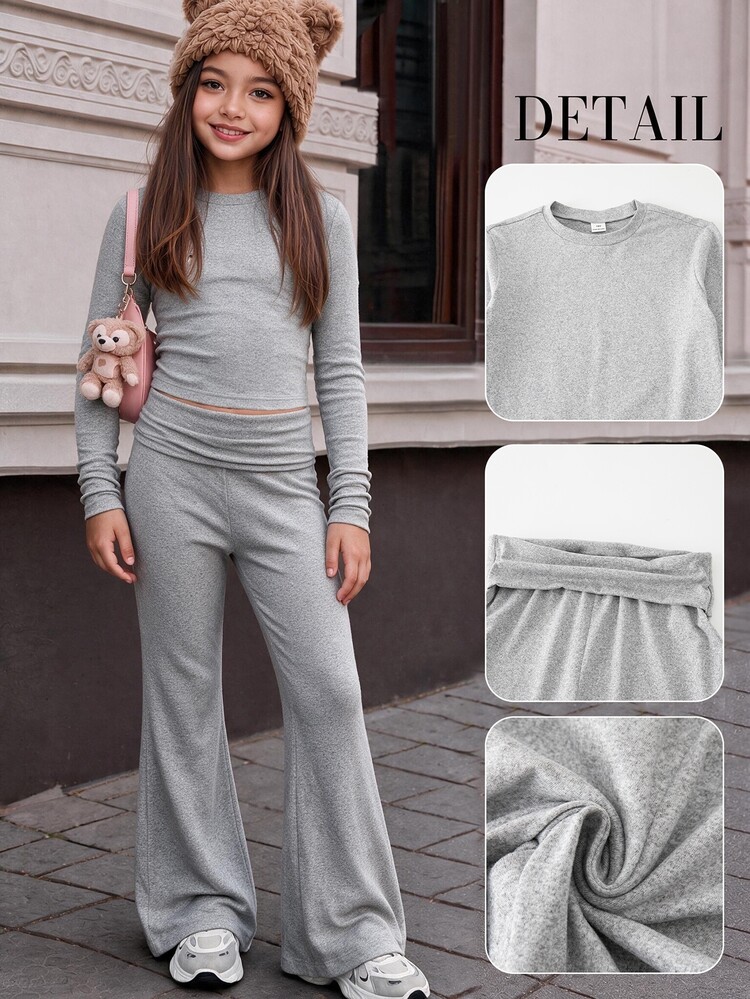 SHEIN Sparklyn Busana Musim Gugur untuk Anak Perempuan Remaja: Atasan Musim Gugur, Set Kaos Lengan Panjang Warna Polos dan Celana Flare, Busana Liburan - Grey - View 1