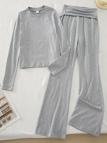 SHEIN Sparklyn 青少年女孩秋季套裝 秋季上衣 素色長袖T恤與喇叭褲套裝，節日穿搭 - 灰色 - 查看 7