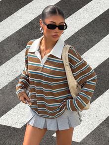 Muchica 女款條紋針織休閒T恤 - 棕色 - 查看 2
