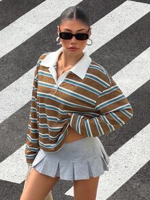 Muchica 女款條紋針織休閒T恤 - 棕色 - 查看 5