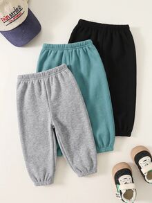 SHEIN 3件組小男孩休閒百搭彈性腰運動長褲 兒童慢跑褲 多件組 冬季 - 彩色 - 查看 2