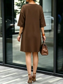RosyDaze Elegant Casual Coffee Brown Dress With Petal Lace Trim, Mid-Sleeve, Suitable For Dating Dinner Date Party, Outdoor Events, And Commuting Summer - Brown - View 3
