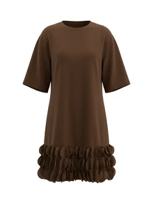 RosyDaze Elegant Casual Coffee Brown Dress With Petal Lace Trim, Mid-Sleeve, Suitable For Dating Dinner Date Party, Outdoor Events, And Commuting Summer - Brown - View 4