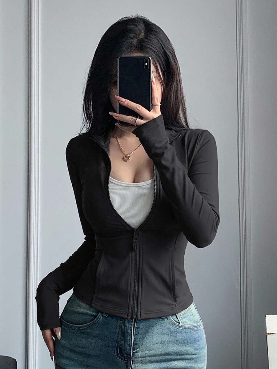 DAZY 女款戶外高領修身拉鍊加厚外套 - 黑色 - 查看 1