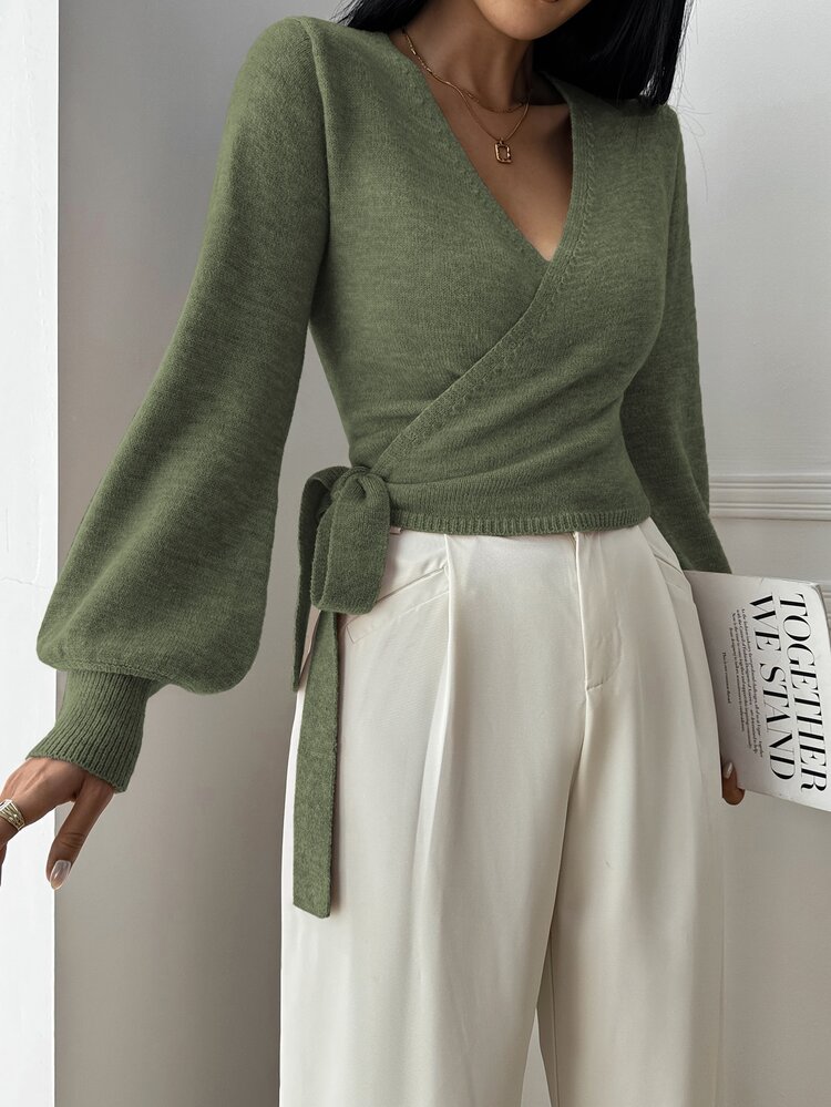 Elafinee Floral Print Wrap Cropped Crossover V-Neck Tie Waist Long Gigot Sleeve Elegant Women Sweater Knit Pullover Fall Winter Sweater - Army Green - View 7