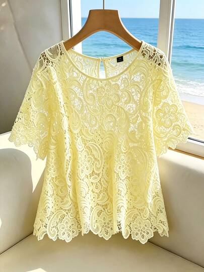 GlowEve CURVE Blusa de mujer talla grande estilo europeo y americano, color liso elegante, de moda y de alta gama, moda de verano, versátil, con encaje calado, flores hidrosolubles, efecto estilizante y holgado, para salir, verano para mujer