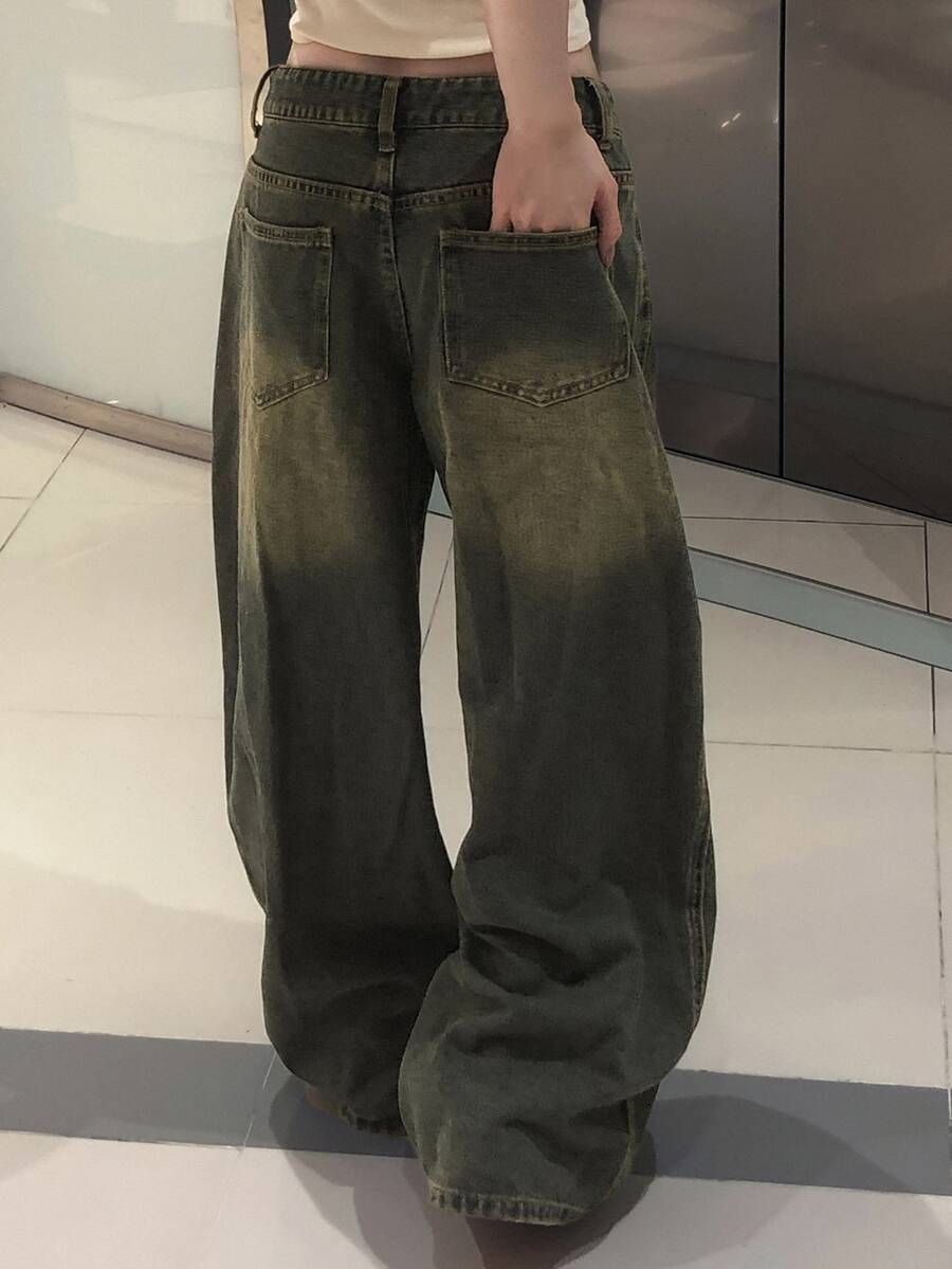 DAZY Vintage Washed Yellow Loose Wide Leg Casual Street Vacation Korean Style Autumn/Winter Long Jeans For Women - Blue - View 1
