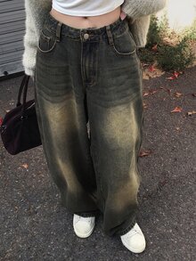 DAZY Vintage Washed Yellow Loose Wide Leg Casual Street Vacation Korean Style Autumn/Winter Long Jeans For Women - Blue - View 3
